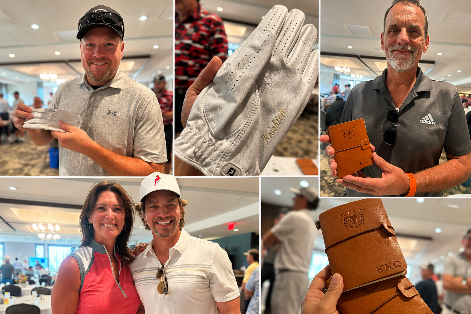 Collage showcasing live personalization at a corporate golf tournament, featuring custom engraved golf gloves, personalized leather golf notebooks, and guests enjoying interactive keepsakes created by Caloswords