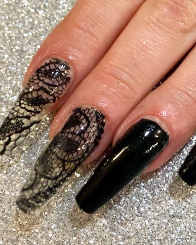 Soft gel extensions with encapsulated lace in a long ballerina shape