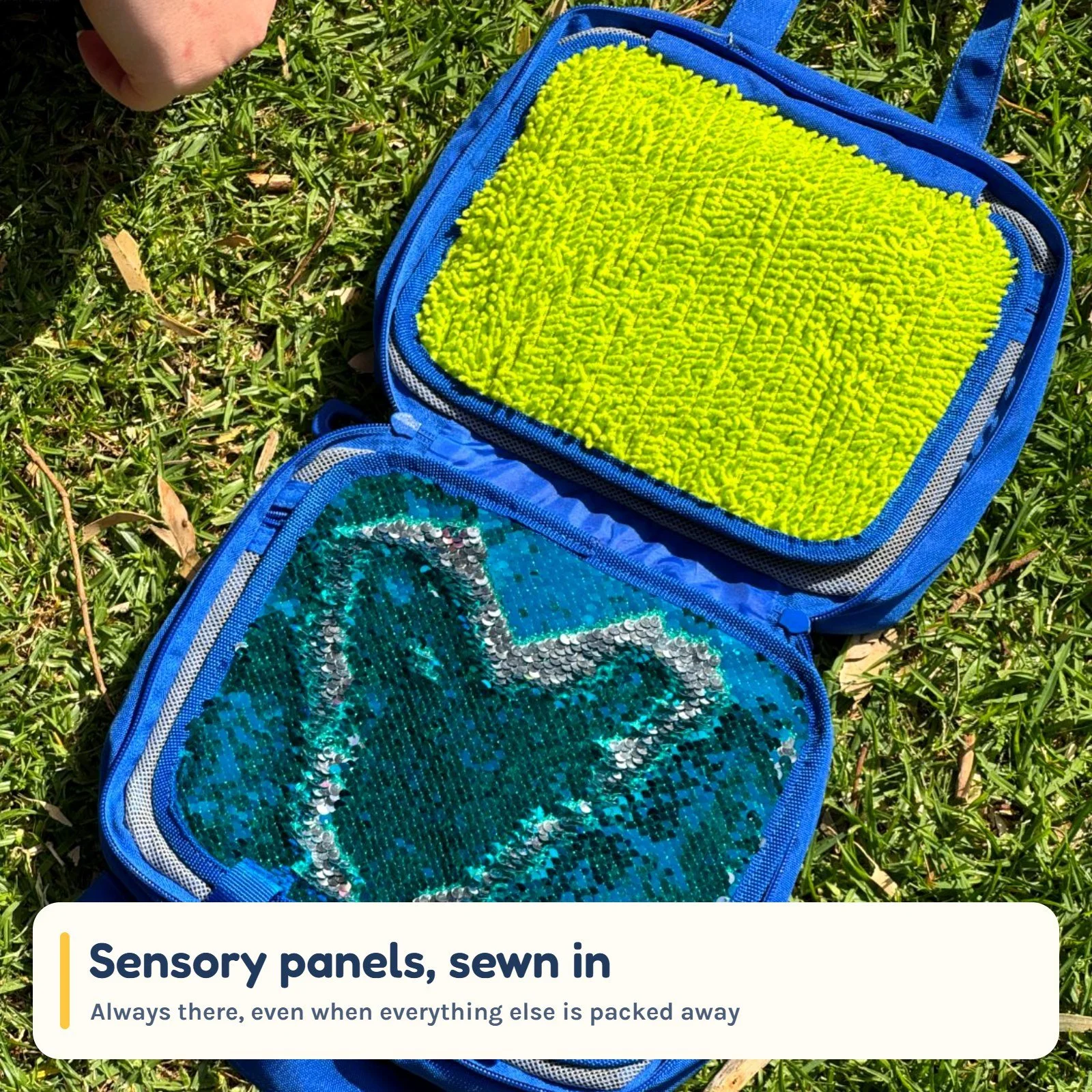 The soft chenille and flip-sequin sensory panels sewn into the bag