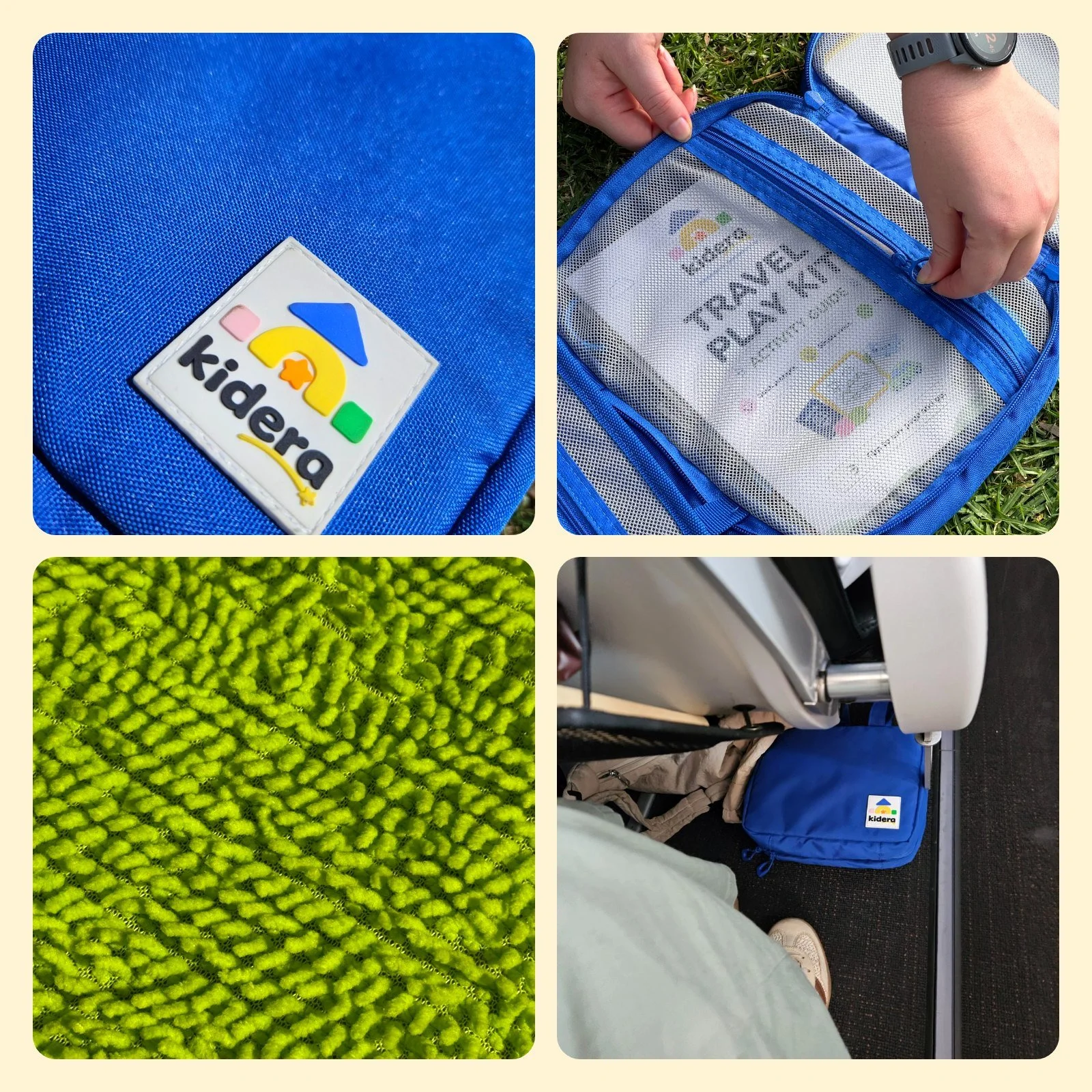 Details: the logo patch, zip pockets, chenille panel and the kit stowed under a seat