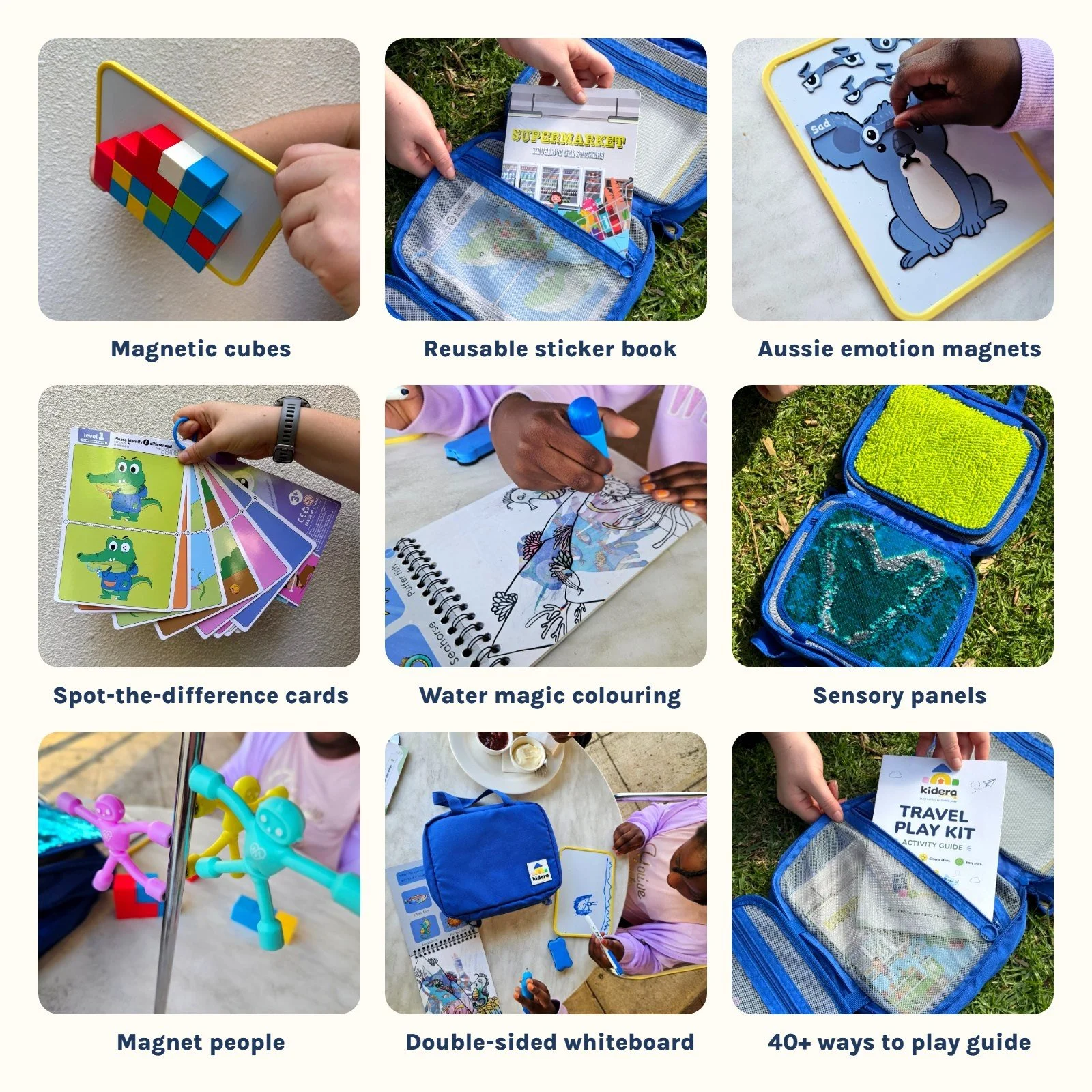 Everything inside the kit: magnetic cubes, sticker book, emotion magnets, cards, water colouring, sensory panels, magnet people, whiteboard and guide