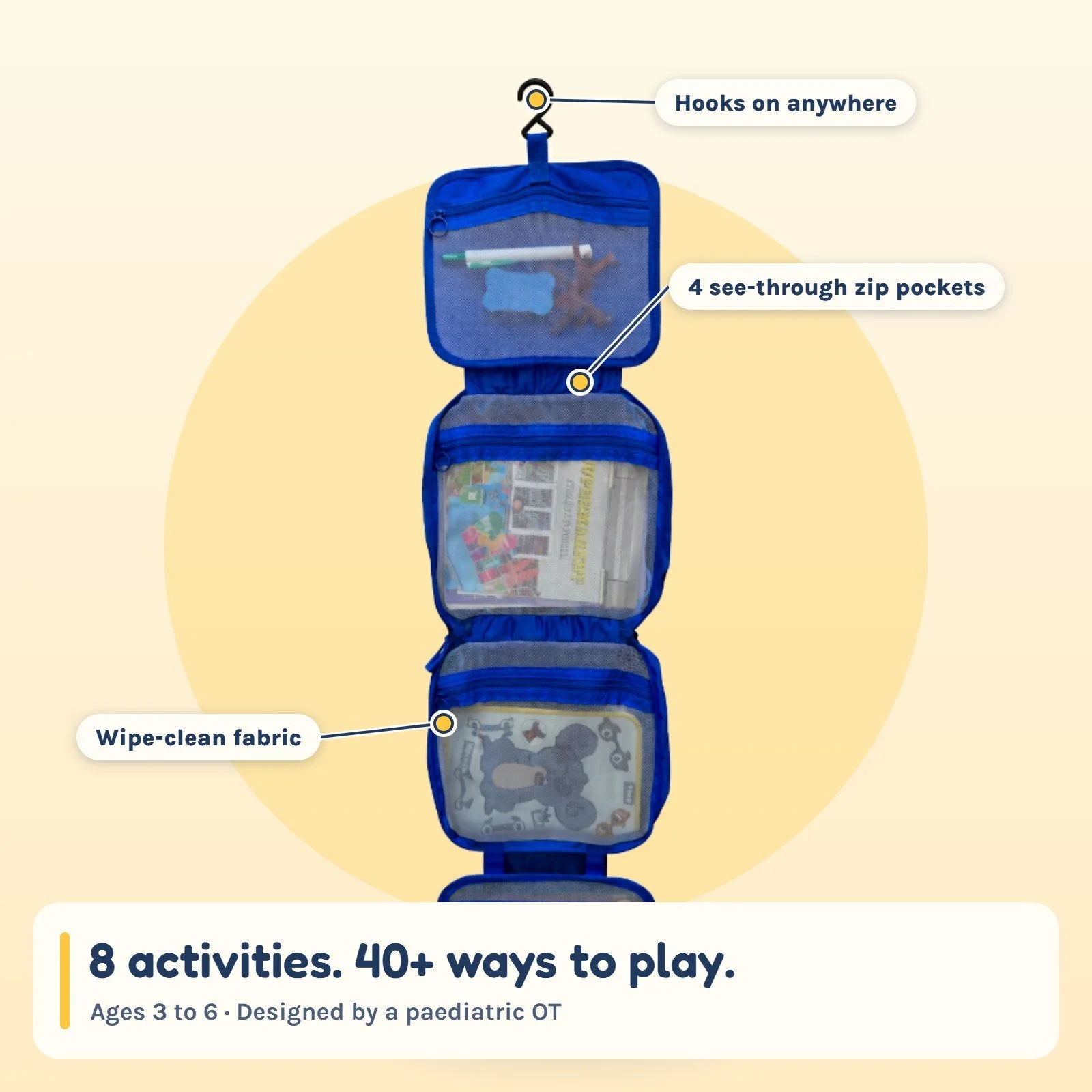 The Kidera Travel Play Kit unfolded: hanging hook, four see-through zip pockets, wipe-clean fabric. 8 activities, 40+ ways to play, ages 3 to 6