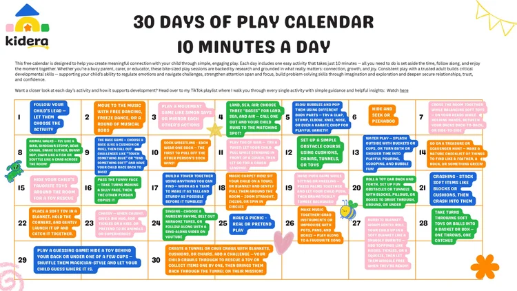 The 30 Days of Play calendar, a month grid of play ideas