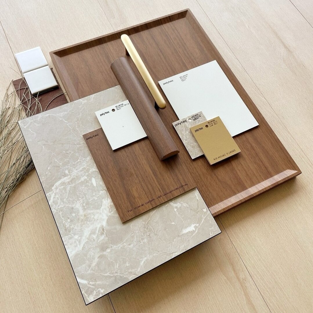 Polytec&rsquo;s Mood Board of the Month featuring: 

Florentine Walnut Woodmatt
Provincial Limestone Smooth
Blossom White Matt
Pure Gold Leaf Matt 

Check out Polytec&rsquo;s range in our showroom ✨