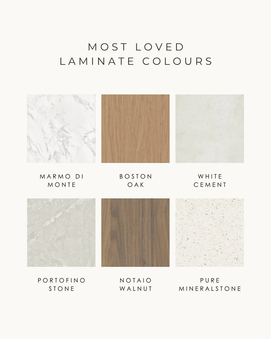We looked back over our recent orders, and these are the top 12 most loved laminate colours from the past few months.

From warm wood grains to timeless marbles and soft neutrals, these are the colours clients are loving right now. 

Save this for yo