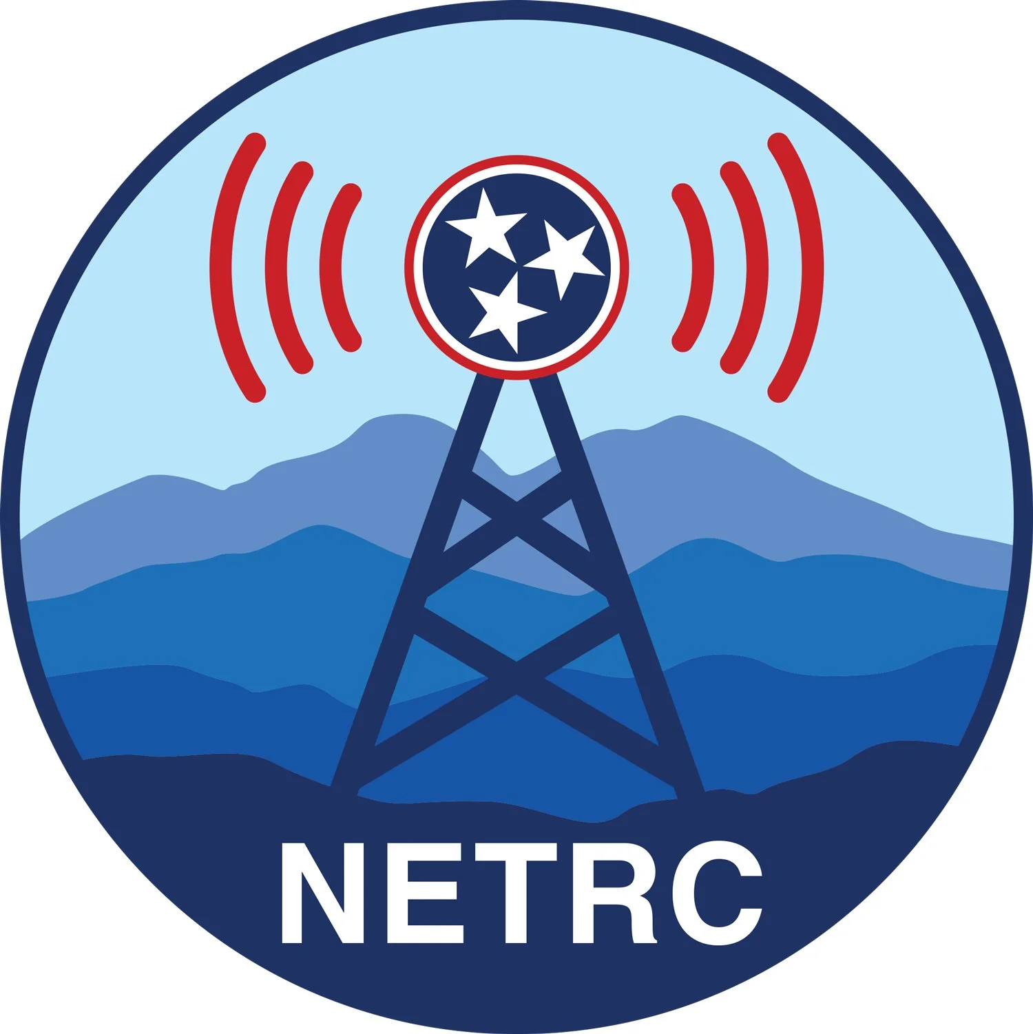NETRC logo of radio tower with the stars of the Tennessee flag at the top and the Blueridge Mountains in the background.