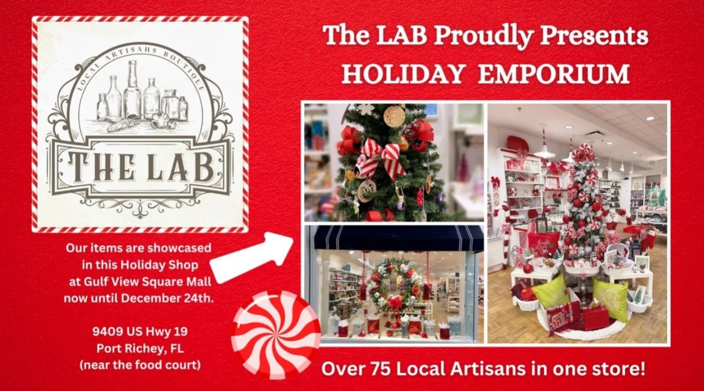Did you know Pupnic Baskets Barkuterie is available every day at The LAB?

The Local Artisans Boutique presents the Holiday Emporium at Gulf View Square Mall, open every day of the week! This holiday store features over 75 local artists under one roo