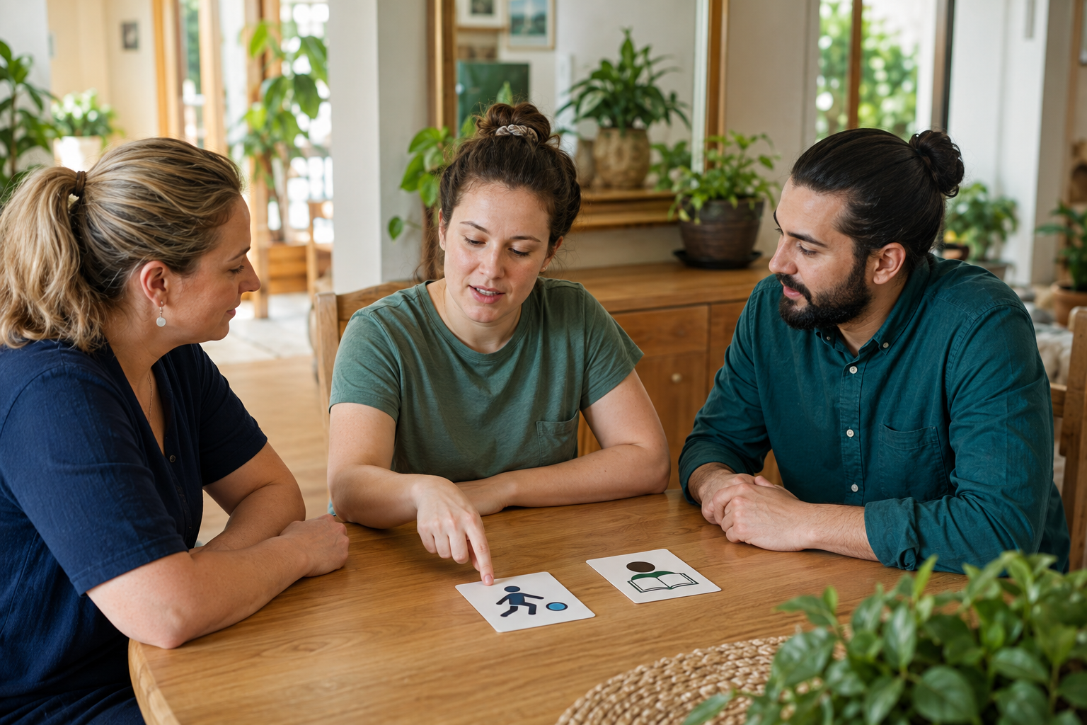 Participant reviewing visual activity choices with a behaviour practitioner and support worker.