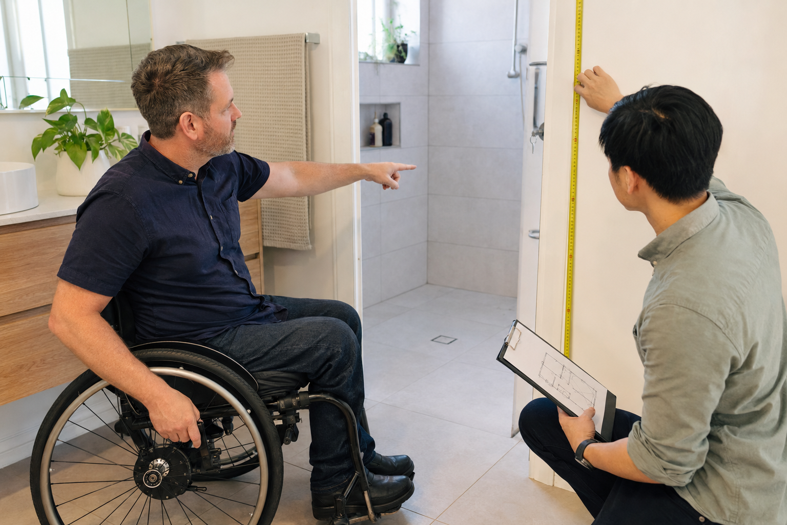 Participant using adaptive equipment during an occupational therapy functional assessment at home.
