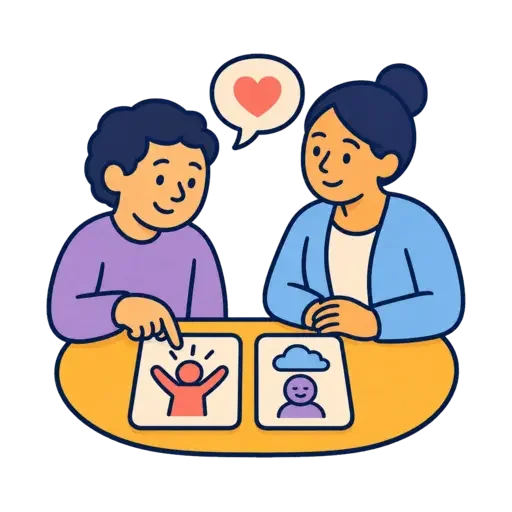 Two women sitting at a table, looking at photos and smiling, with a speech bubble showing a heart.