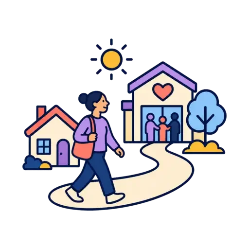 A woman walking on a curved path in a neighborhood with houses and a community center under a sunny sky.
