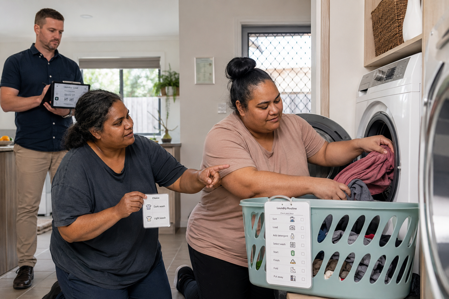 Behaviour analyst recording observational data while a support worker implements an agreed strategy during a household routine.