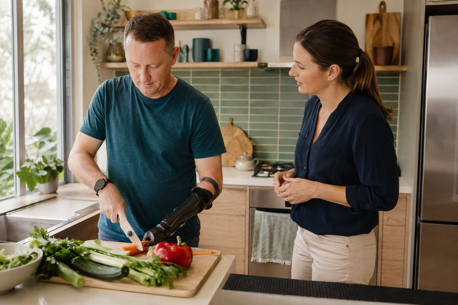 Participant with an upper-limb prosthesis preparing food during an occupational therapy session.