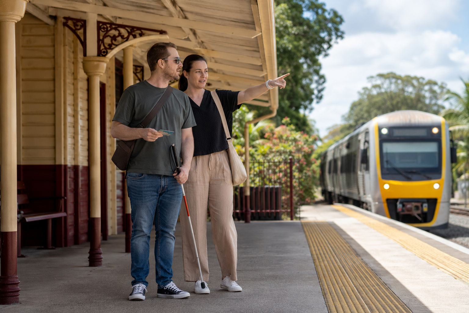 Adult with low vision practising public transport travel with an occupational therapist at an Ipswich railway station.