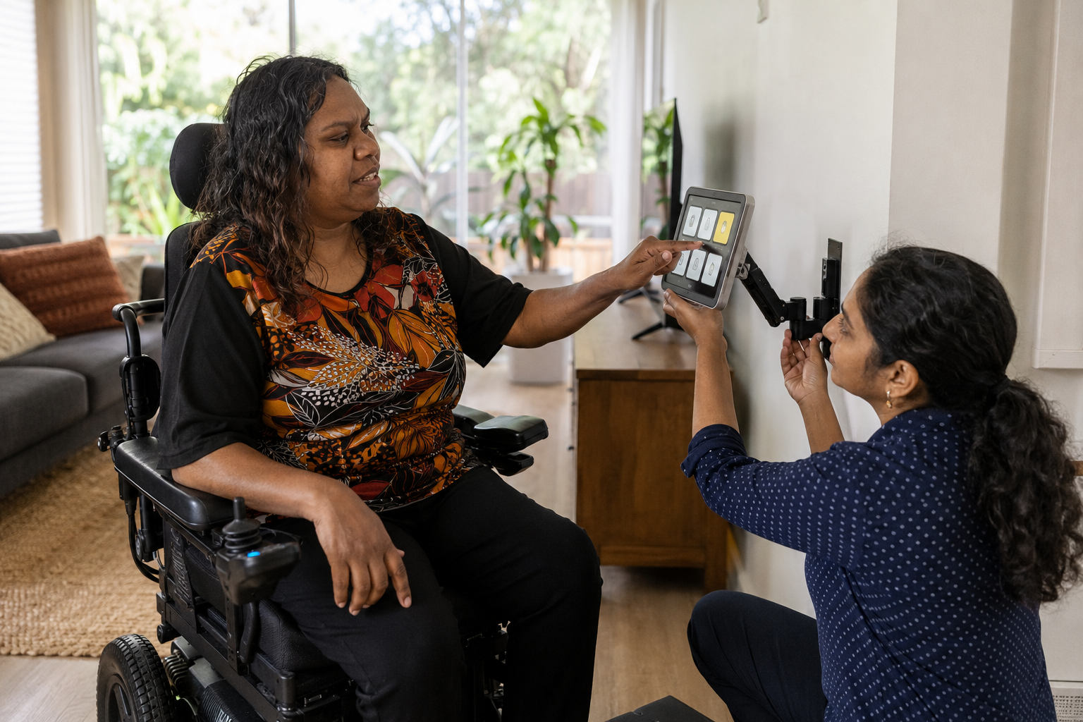 Participant trialling an accessible smart-home control with an occupational therapist.