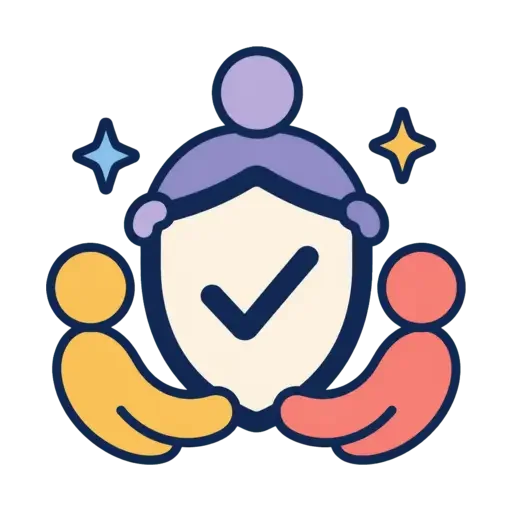 A digital illustration of three diverse people surrounding a shield with a check mark, implying safety or security.