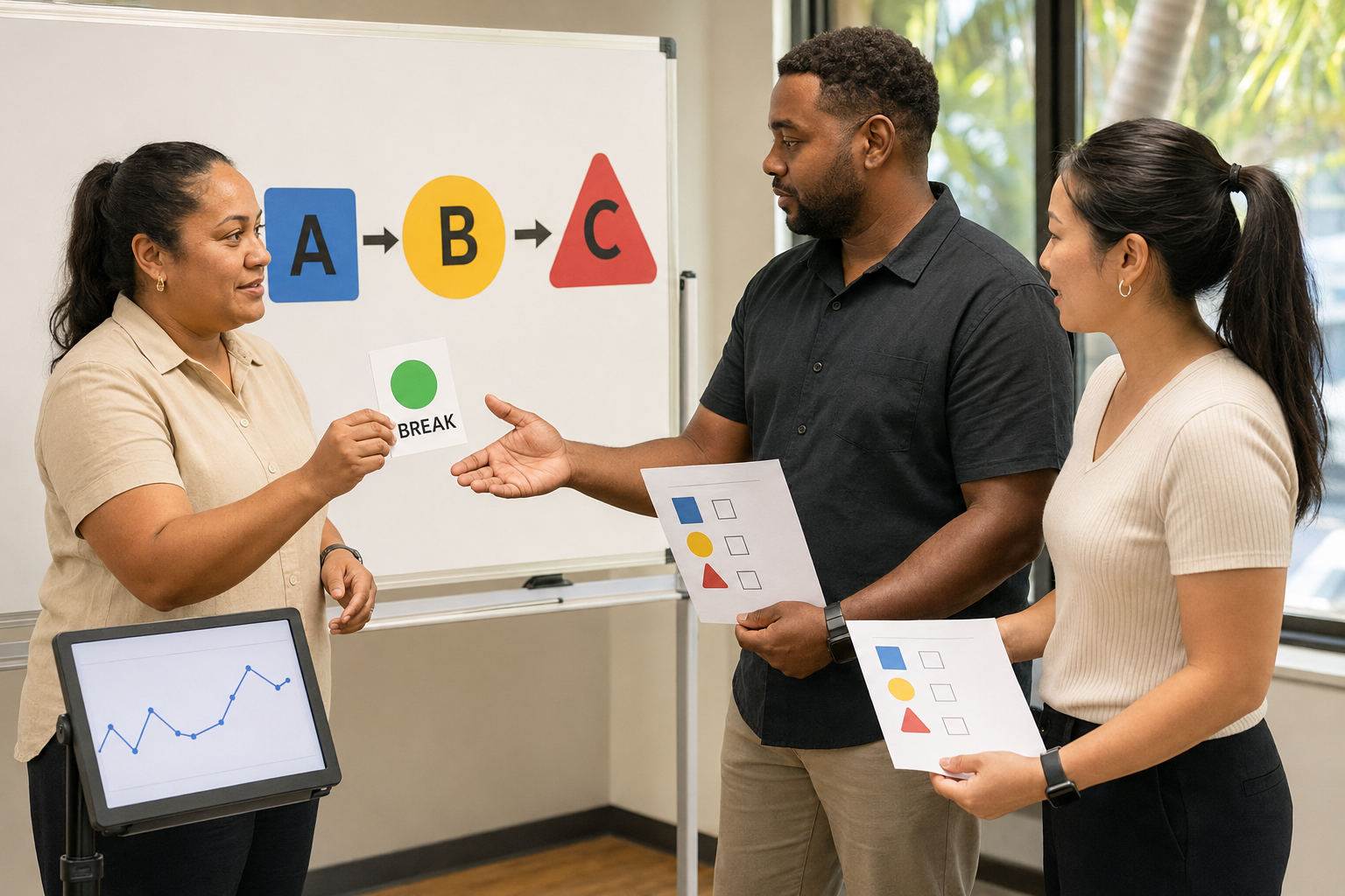 Behaviour analyst training support workers to implement a functional communication strategy.