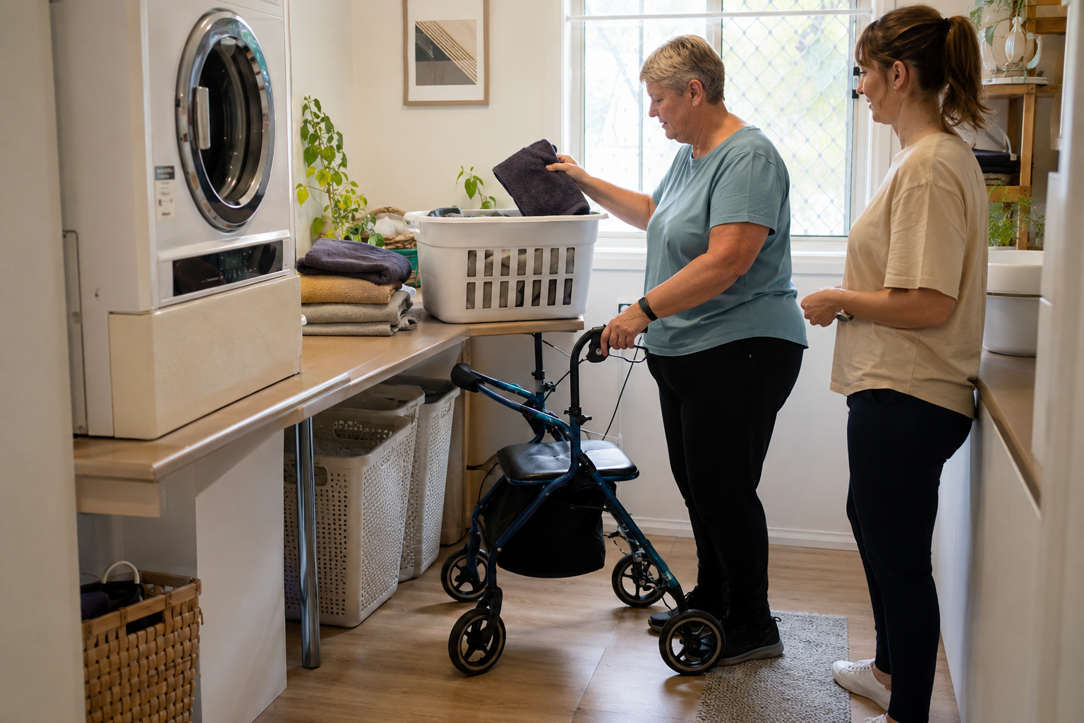 Participant using a four-wheeled walker completes laundry while an occupational therapist observes the adapted setup.