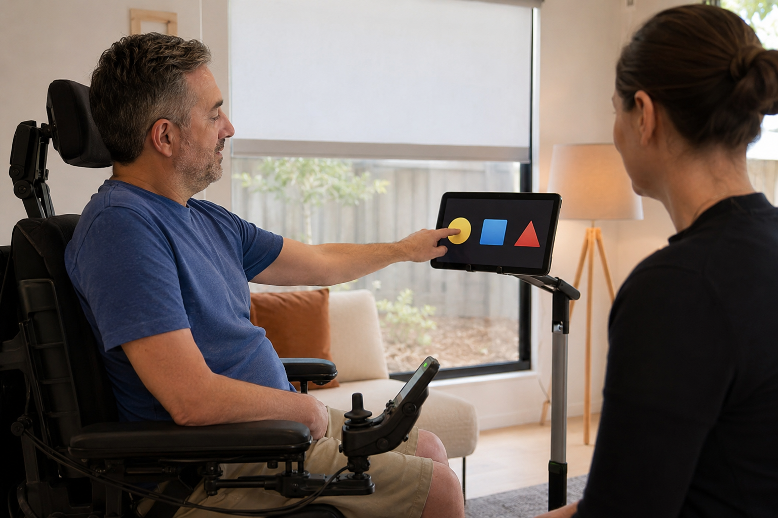 Participant using a powered wheelchair trials tablet-based home controls with an occupational therapist.