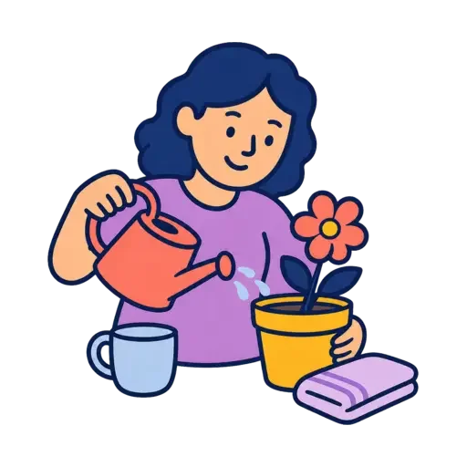 A woman watering a potted flower with a watering can, surrounded by a mug and a folded towel.