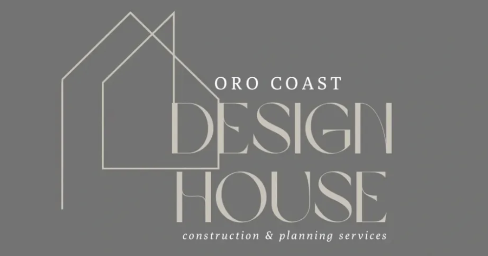 Logo for Oro Coast Design House with minimalist outline of houses and text indicating construction and planning services