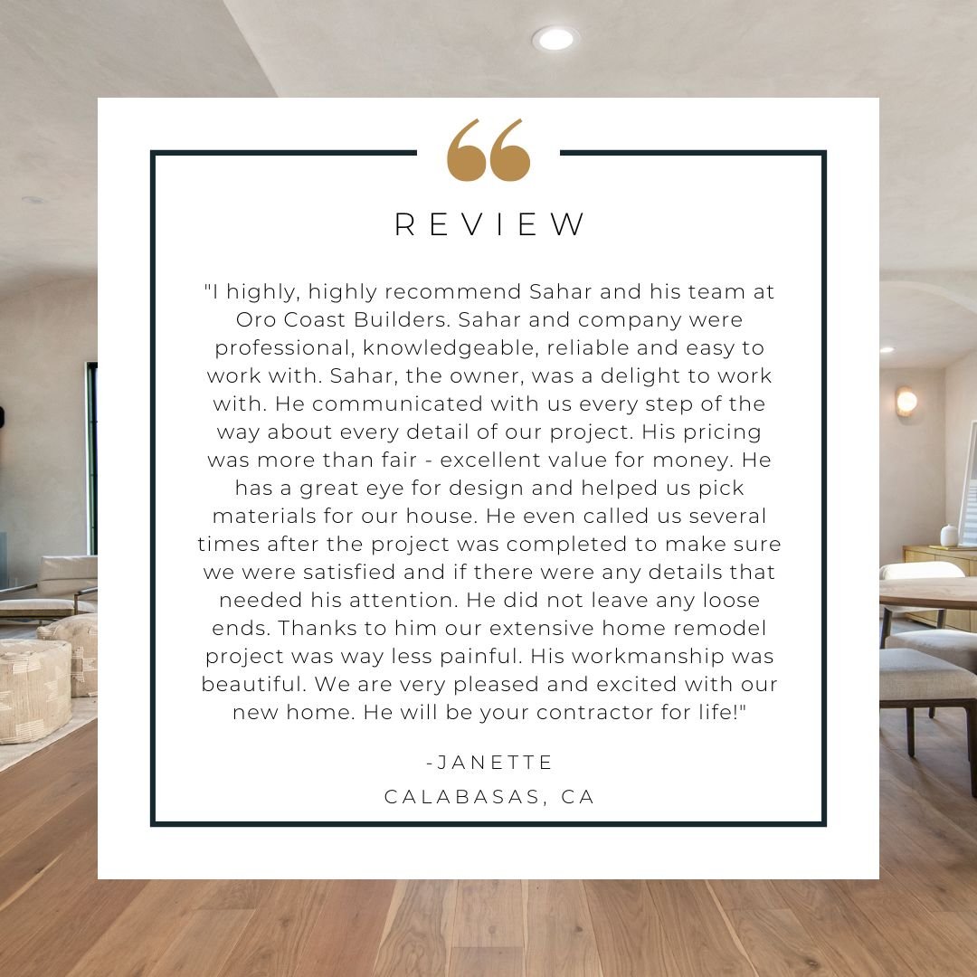 Testimonial review on a white background with gold quotation marks, inside a modern living room with wooden flooring, beige furniture, and a window.