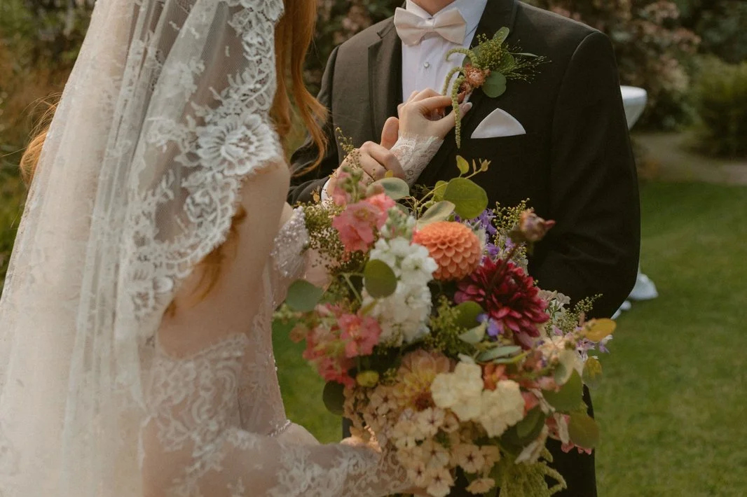 large whimsical garden design bridal bouquet with dahlias, phlox and amaranth.