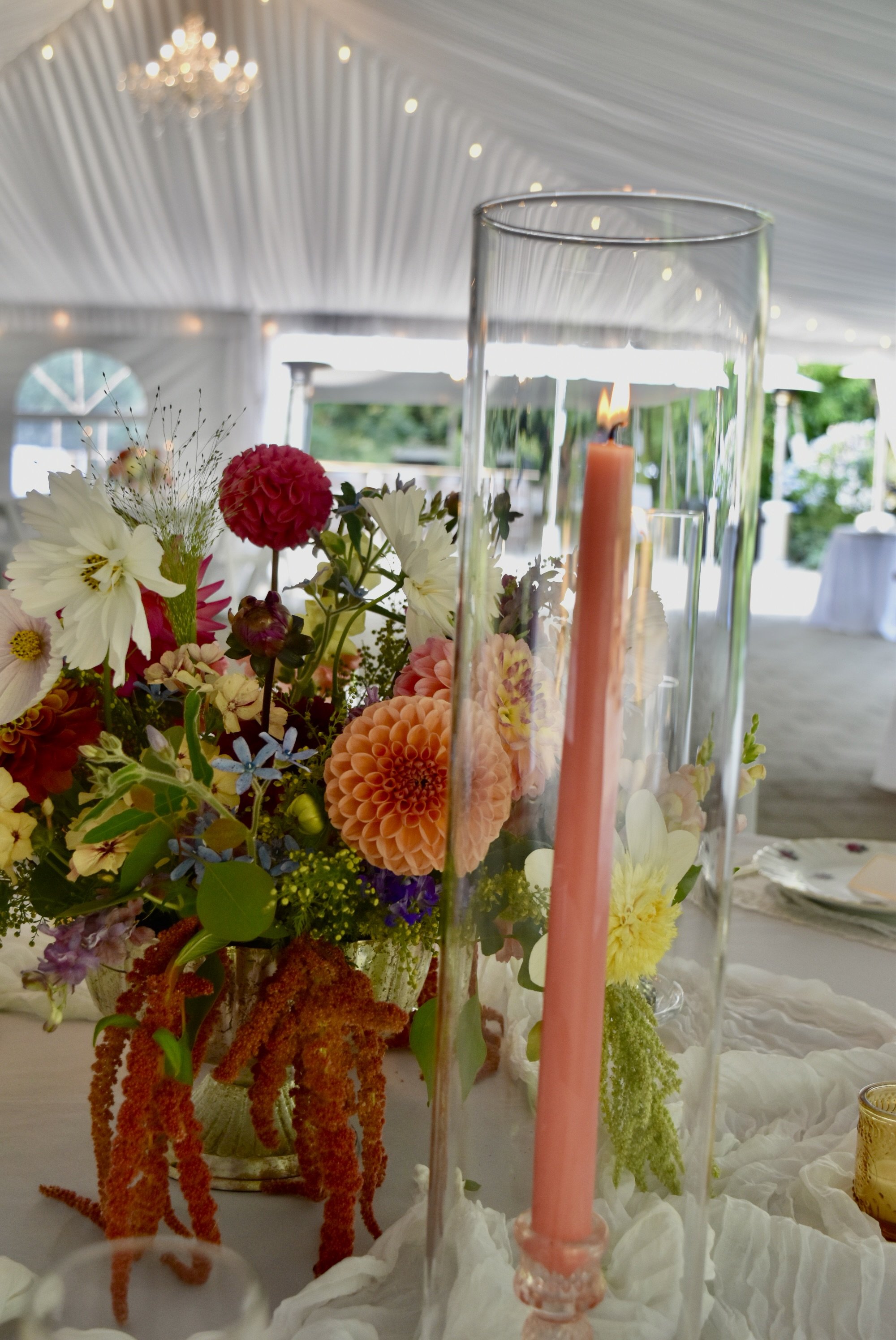 dahlia, amaranth and cosmos centerpiece with candle