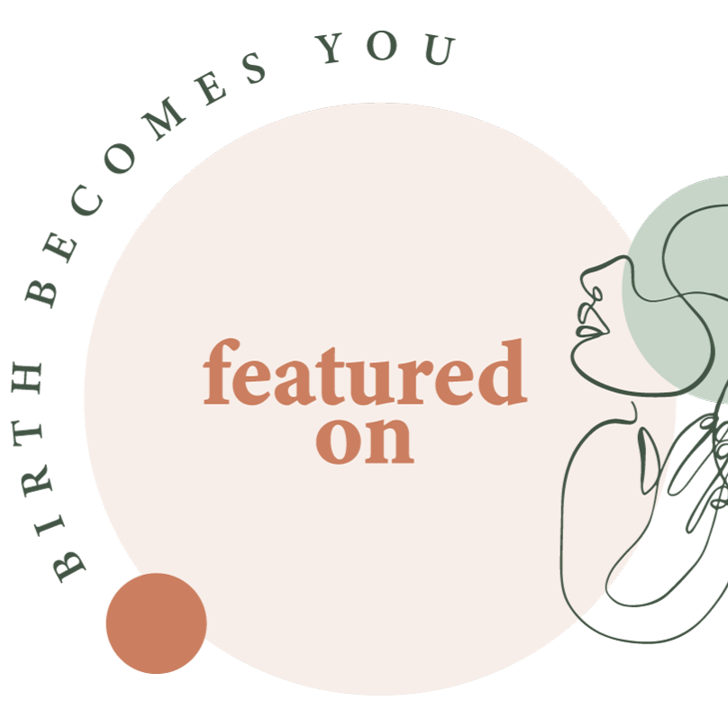 A graphic with the words "featured on" in brown text inside a large white circle, with abstract outlines of a woman and a face on the right side and colored circles and lines around the circle.