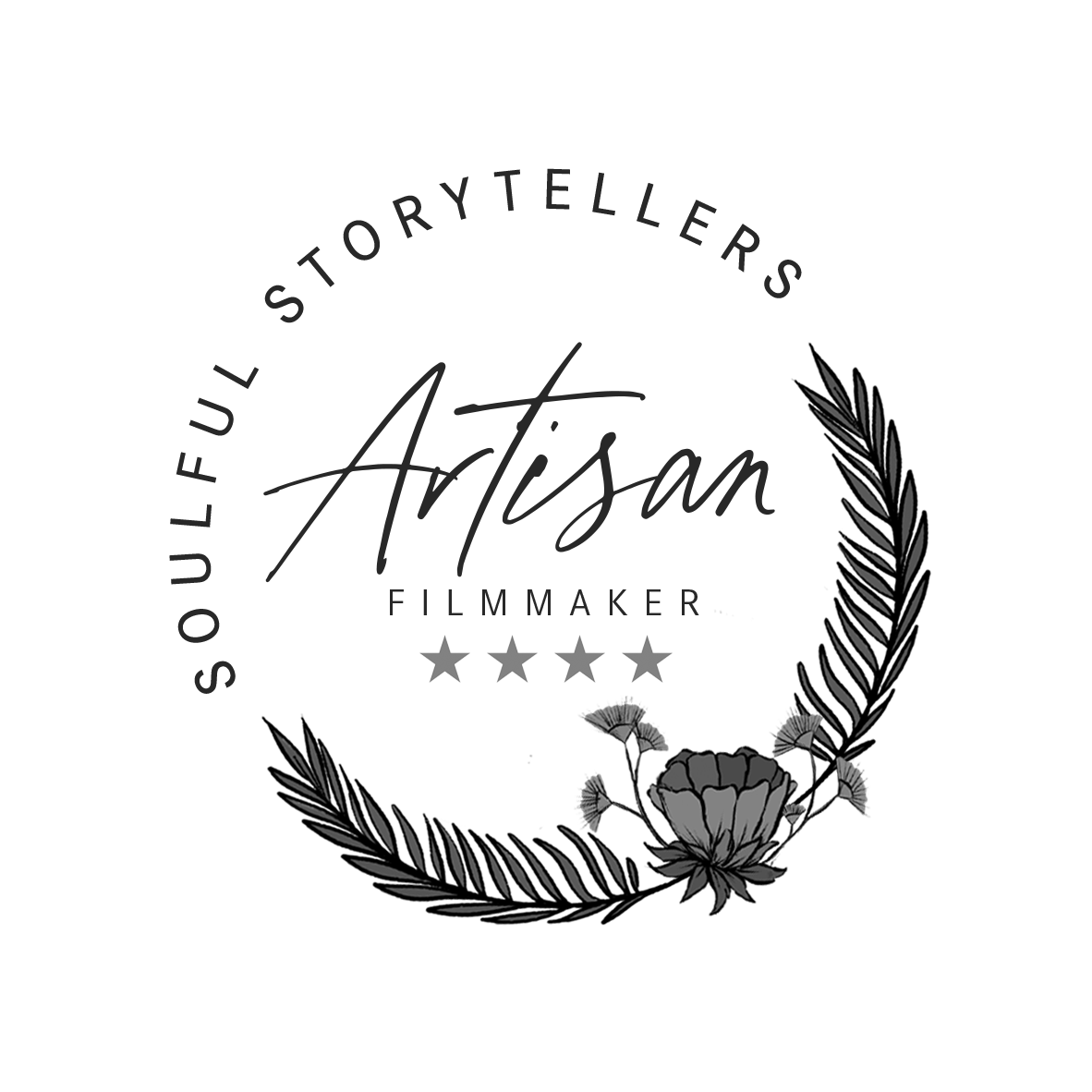 Black circular logo with text 'Soulful Storytellers Artisan Filmmaker' and four stars. Decorative leaves and flowers surround the circle.