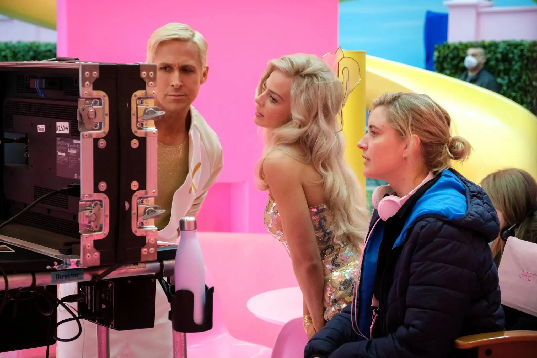 Ryan Gosling, Margot Robbie, and Greta Gerwig on the set of “Barbie”