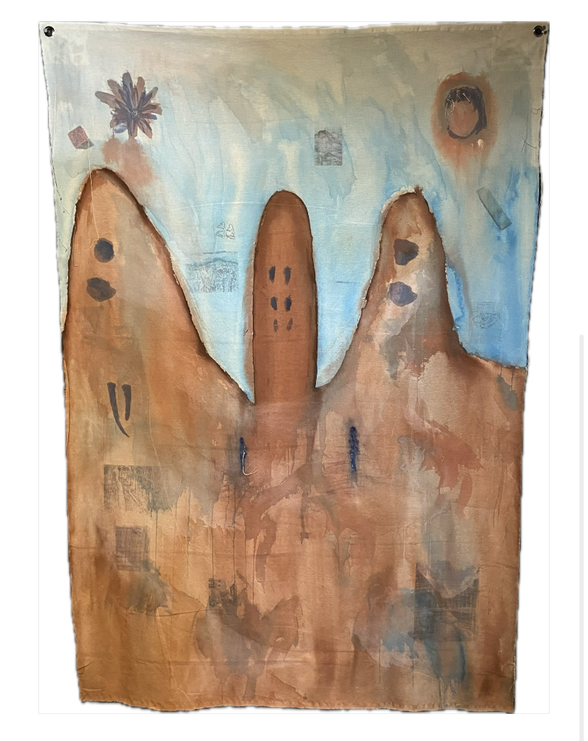 now we continue on (2024). 
acrylic, painted sewing thread and photo transfers on unbleached cotton.
160 x 106 cm