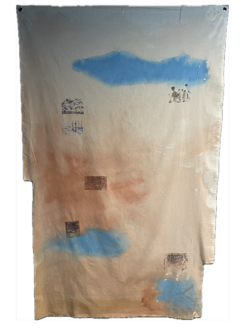 water current 水流  (2024). 
watercolour, photo transfers, painted sewing thread on unbleached cotton.
191 x 121 cm.