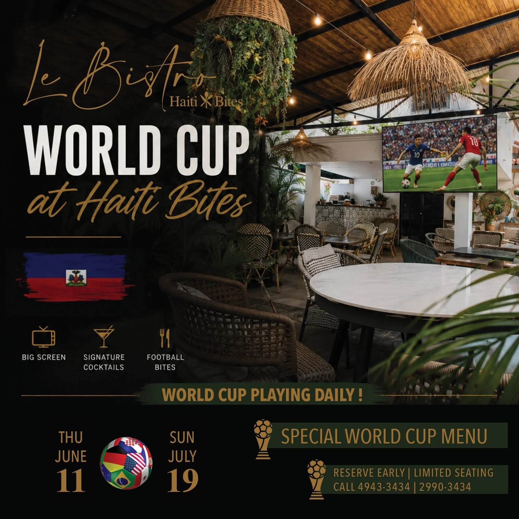 ⚽️🌍 The World Cup has arrived at Haiti Bites.

From June 11 to July 19, join us as we cheer on Haiti 🇭🇹 and celebrate the world&rsquo;s biggest sporting event.

Whether you&rsquo;re supporting Haiti or simply love the excitement, passion, and cama