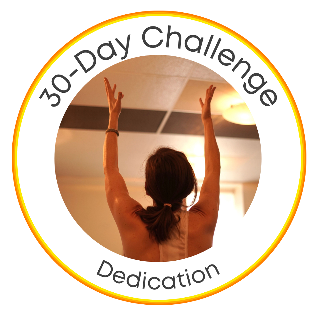 A woman standing with her back to the camera, arms raised in celebration inside a room, with overlay text reading '30-Day Challenge Dedication'.