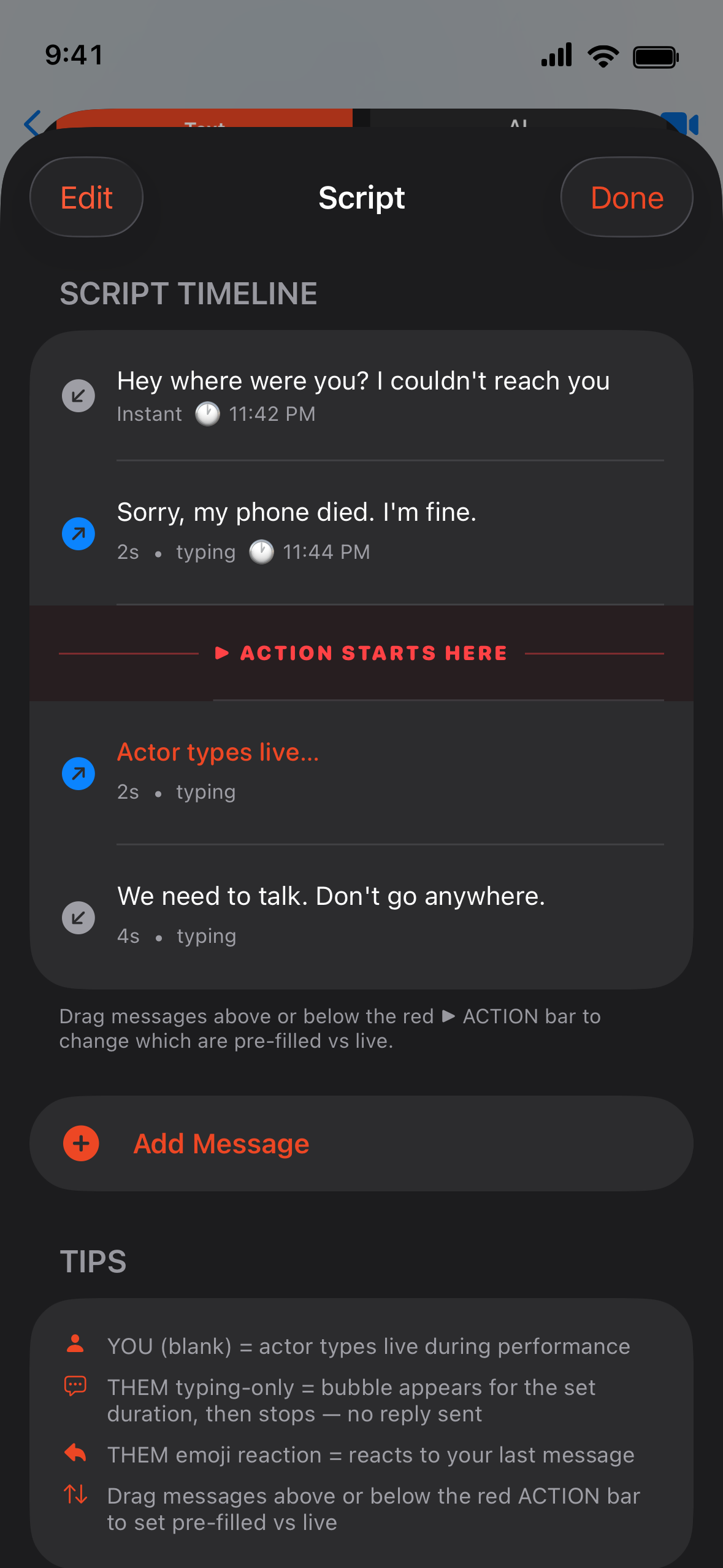 Screenshot of a mobile messaging app showing a script timeline with messages and instructions for actor typing in performance, including timestamps and tips for using the app.