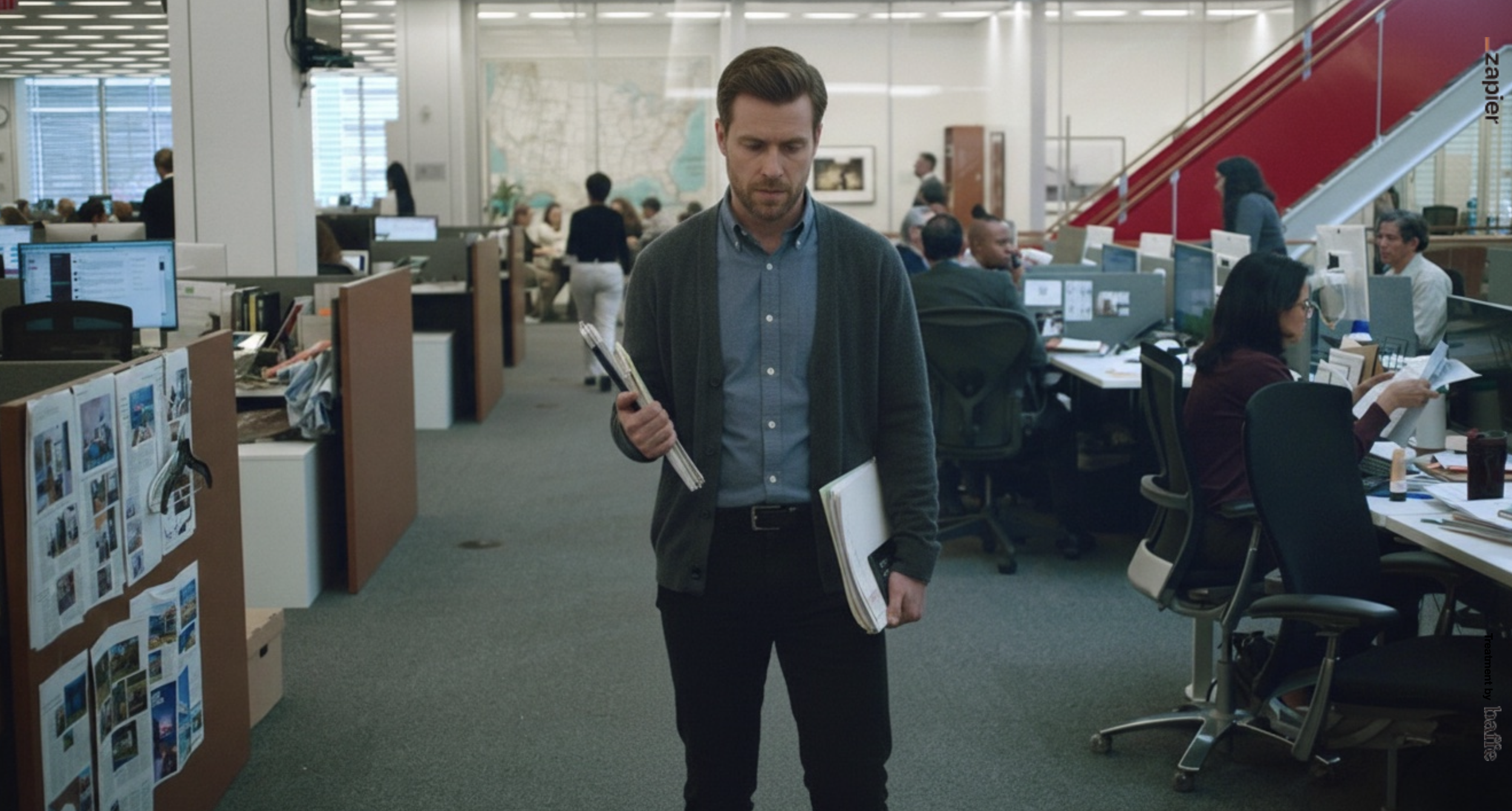 A man walking in an office space, carrying a stack of papers and a folder, with multiple desks, computers, and other employees working in the background.