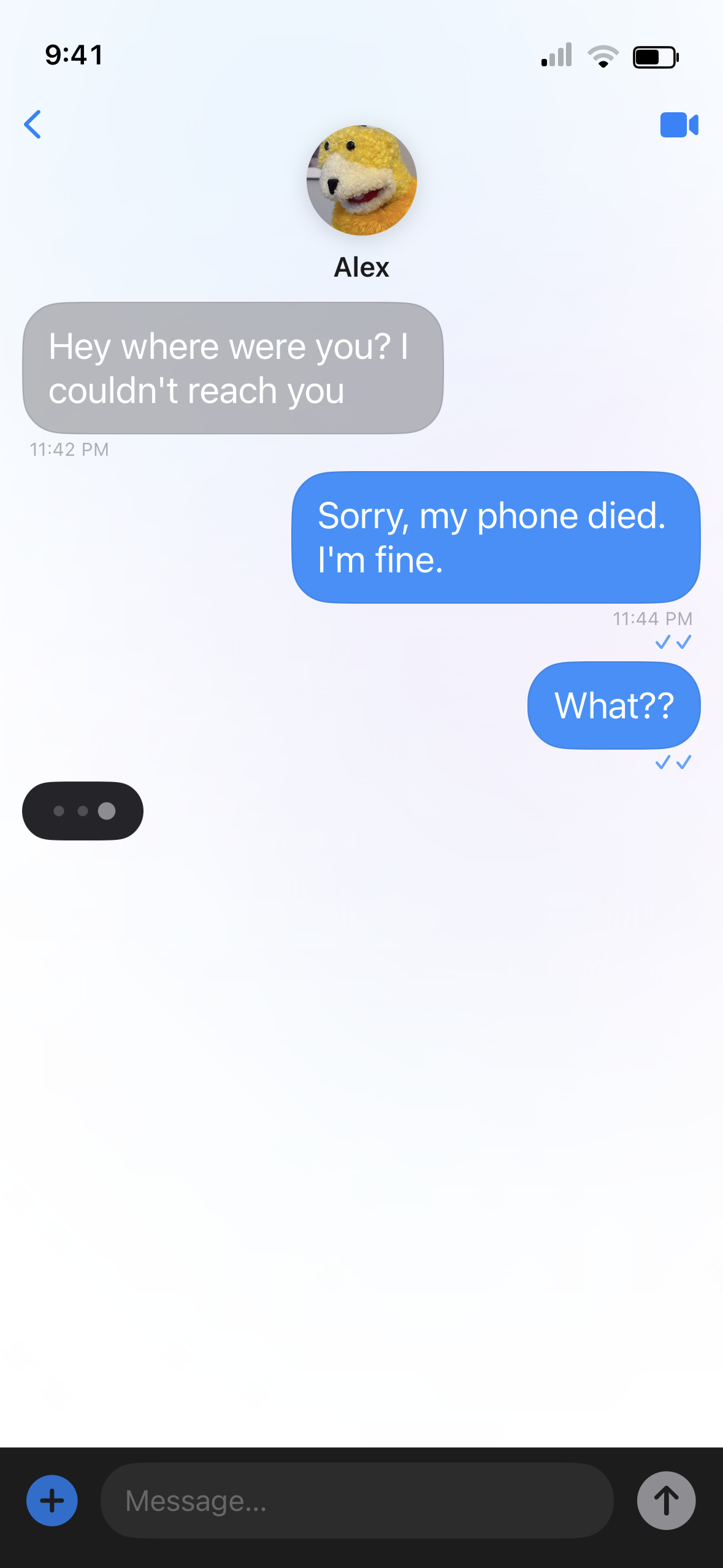 A screenshot of a text message conversation on a smartphone. The conversation is between two people, with one person named Alex and a profile picture of a plush dinosaur toy. The messages show Alex asking where someone was, someone replying that their phone died and they are fine, followed by a confused response.