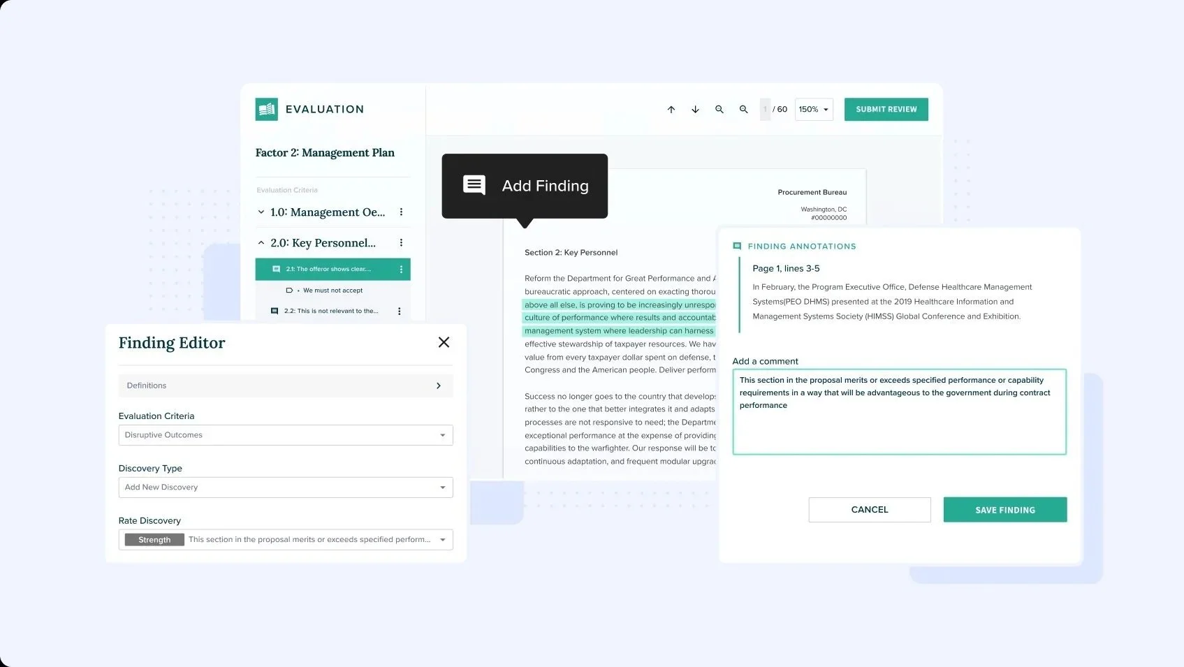 Screenshot of a digital management software interface showing a section titled 'Finding Editor' with options for evaluation criteria, discovery type, and rate discovery. Background includes a document with highlighted text and annotation notes, and a button labeled 'SUBMIT REVIEW' at the top right.
