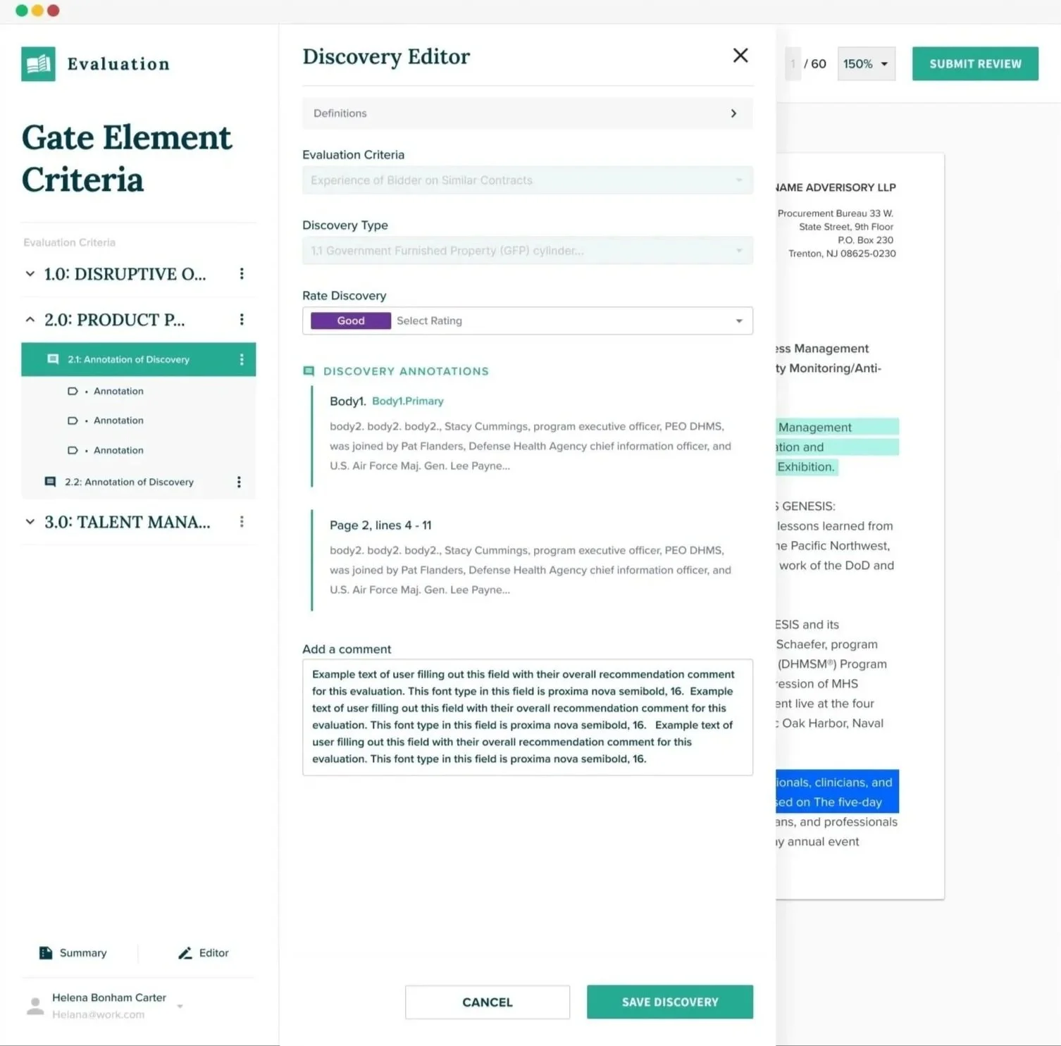 Screenshot of a computer screen displaying a document management software with sections titled Evaluation, Discovery Editor, Gate Element Criteria, and Annotation of Discovery. The interface includes options for submitting reviews, saving discoveries, and adding comments.