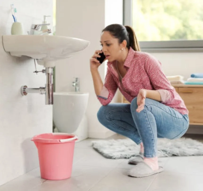 Woman squatting near a bathroom sink, talking on the phone, with a pink laundry basket on the floor nearby.