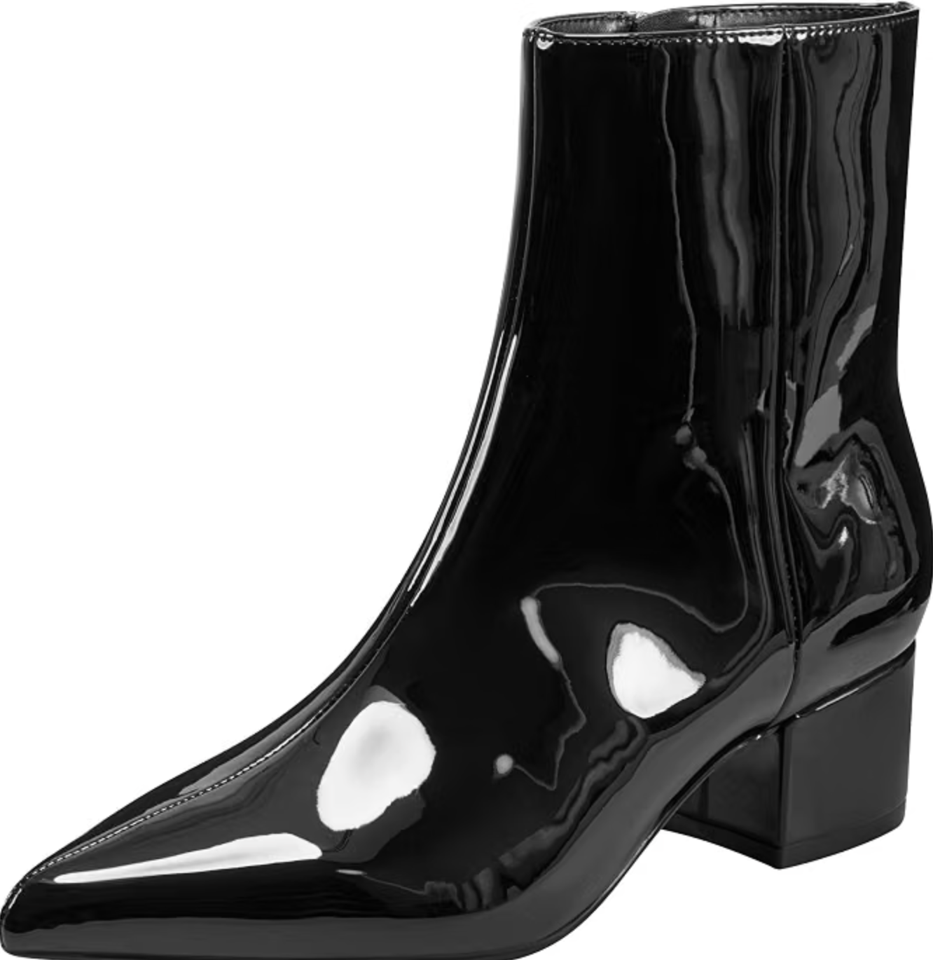 Patent leather ankle boots with dark indigo straight-leg jeans