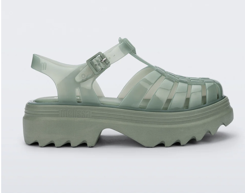 Melissa Possession Platform II jelly sandal in sage green, featuring a chunky lug sole and fisherman upper, perfect for adding 2 inches of height for petites.