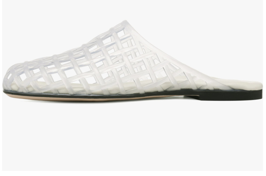 Vince Barcelona Mesh Jelly Mule in white, featuring a caged mesh design and leather sole, styled to elongate the legs for a petite 5'2" frame.