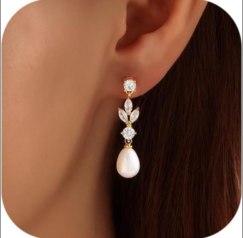 14k Gold Plated Trendy Diamond Pearl Drop Earrings