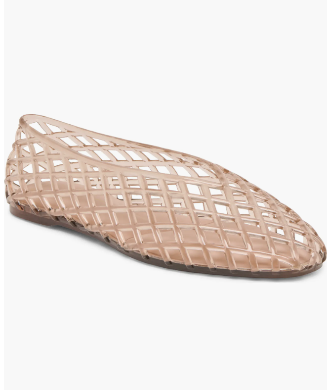 A close-up product view of a pair of beige woven lattice jelly flat shoes on a clean white background.