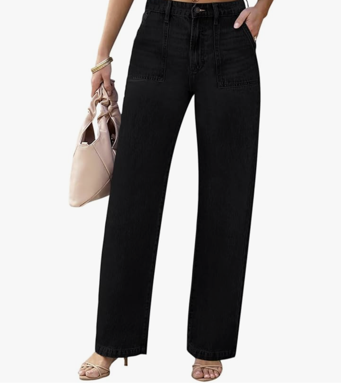 A woman wearing black LOOKUB high-waisted carpenter-style baggy straight-leg jeans with front patch pockets.