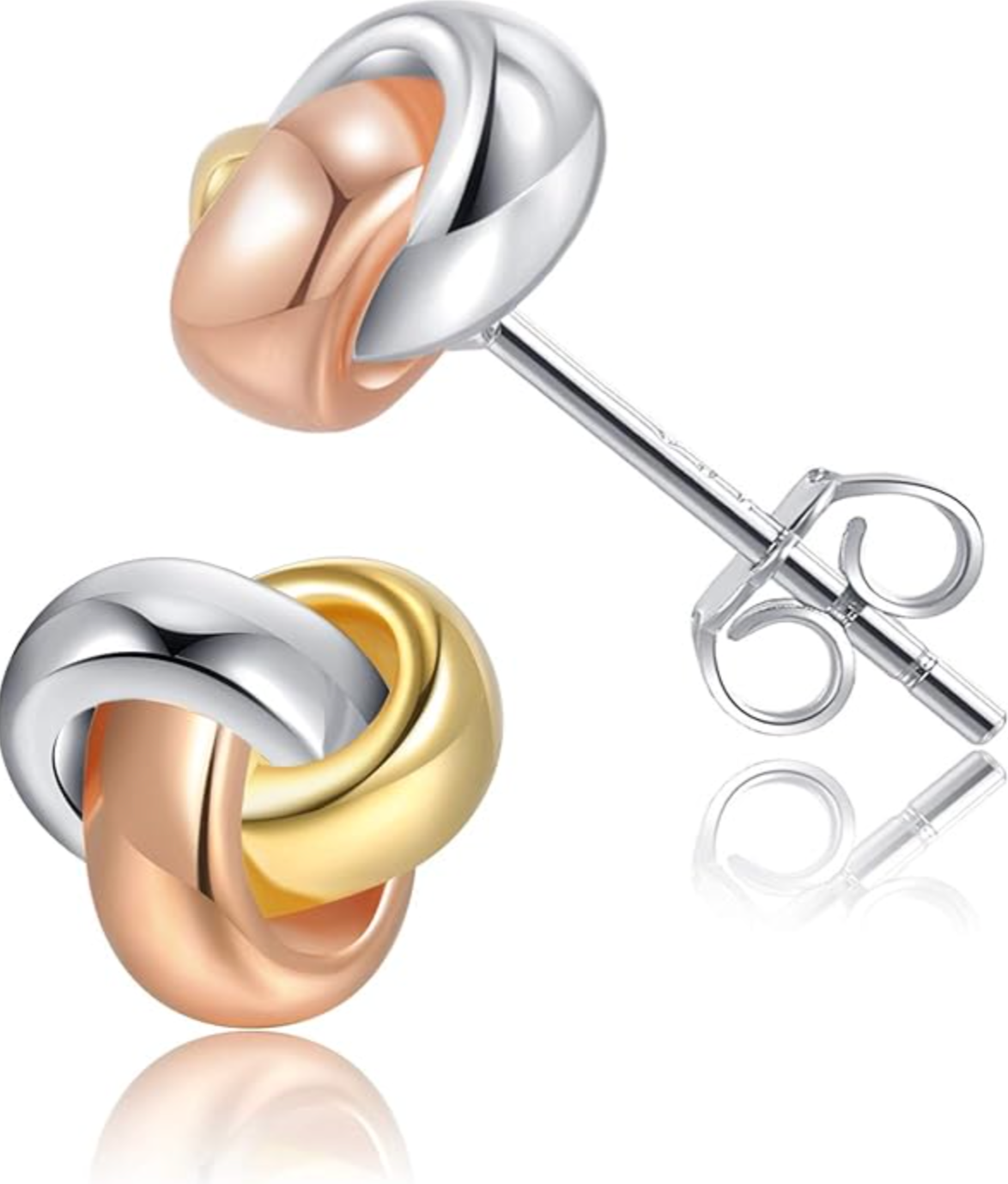 A pair of 18K gold-plated love knot hoop earrings featuring a tricolor intertwined design of gold, silver, and rose gold, styled as a timeless accessory for a woman's spring capsule wardrobe.