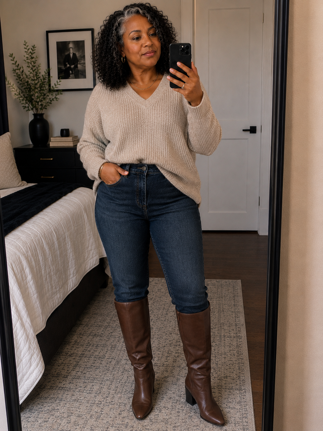 A woman taking a mirror selfie wearing dark-wash skinny jeans tucked into brown leather knee-high boots and a beige V-neck sweater.