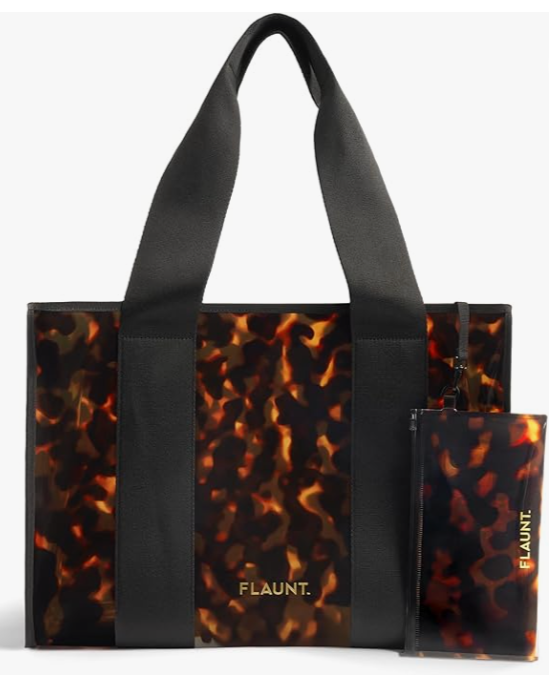 High-gloss tortoiseshell print travel tote bag with a matching zip pouch.